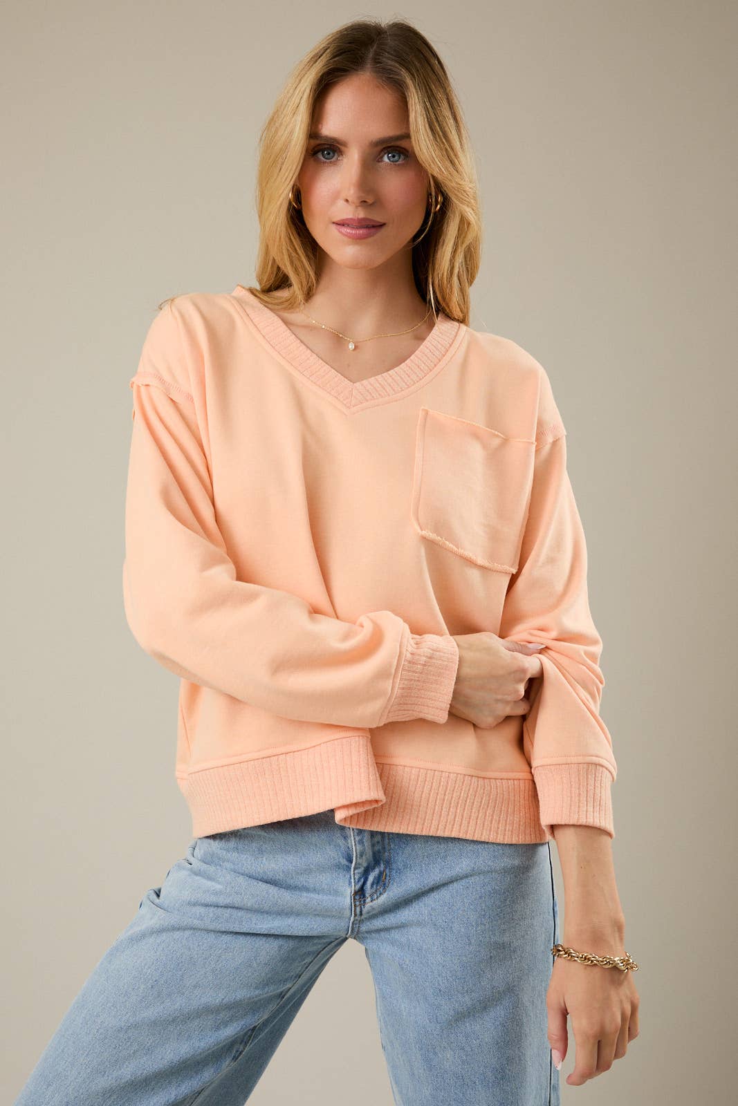 Apricot V Neck Pocket Knit Top