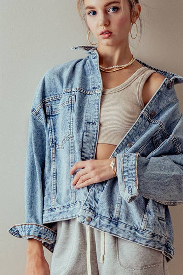 Oversized Button Up Back Pleat Western Denim Jacket