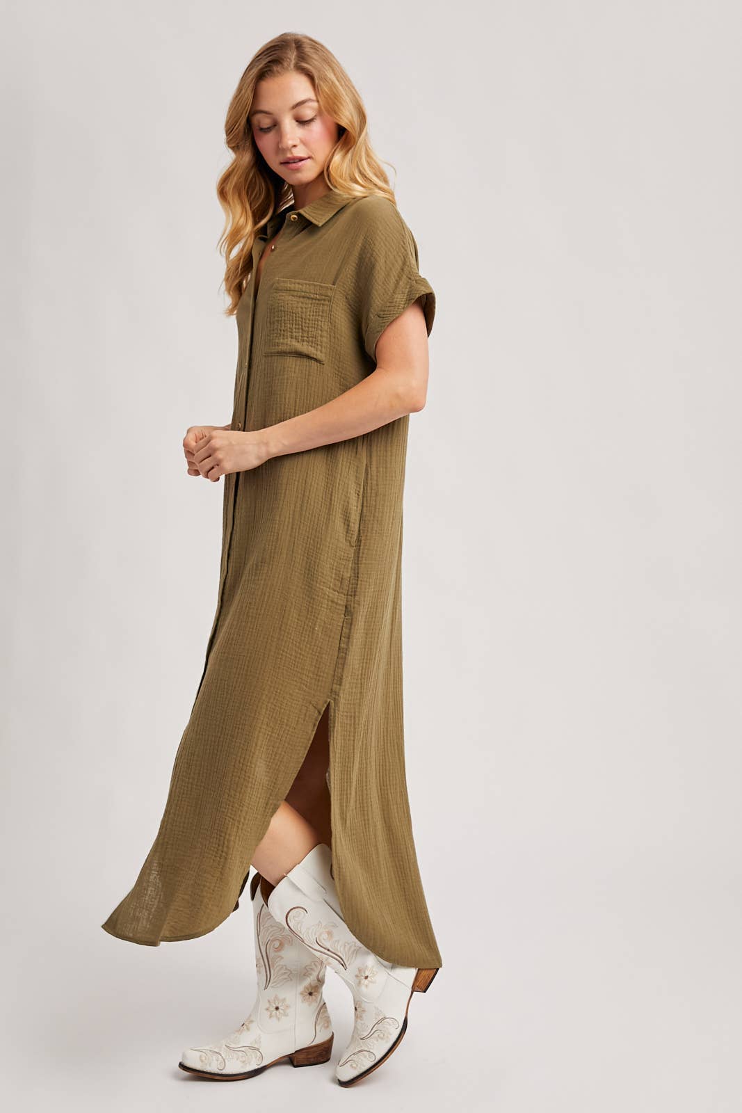Lt. Olive Button Up Maxi Dress with Pockets