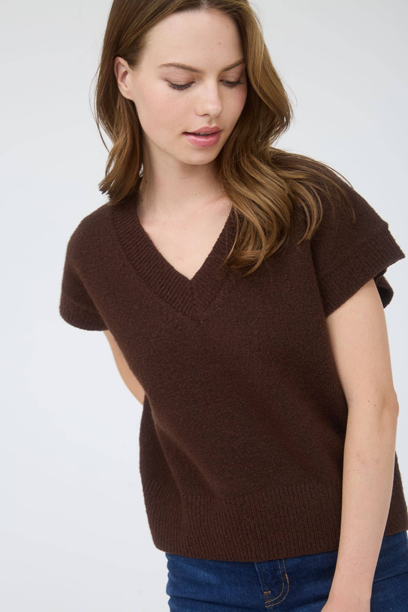 Brown - V Neck Sleeveless Pullover