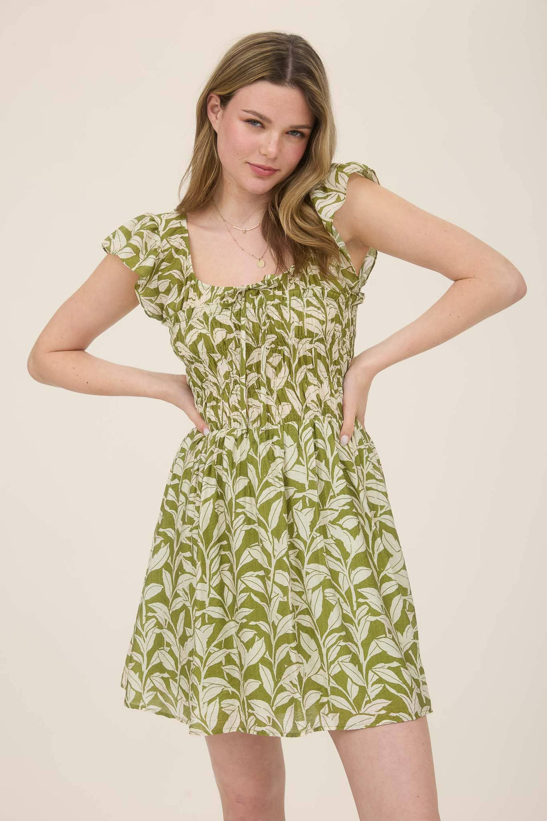 Leaf Print Smocked Bodice Mini Dress