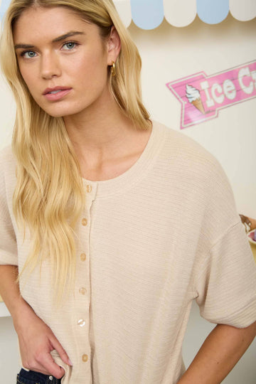 Khaki - Textured Knit Button-Down Short Sleeve Cardigan