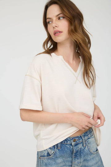 Cream Stitched Drop Shoulder Knit Top