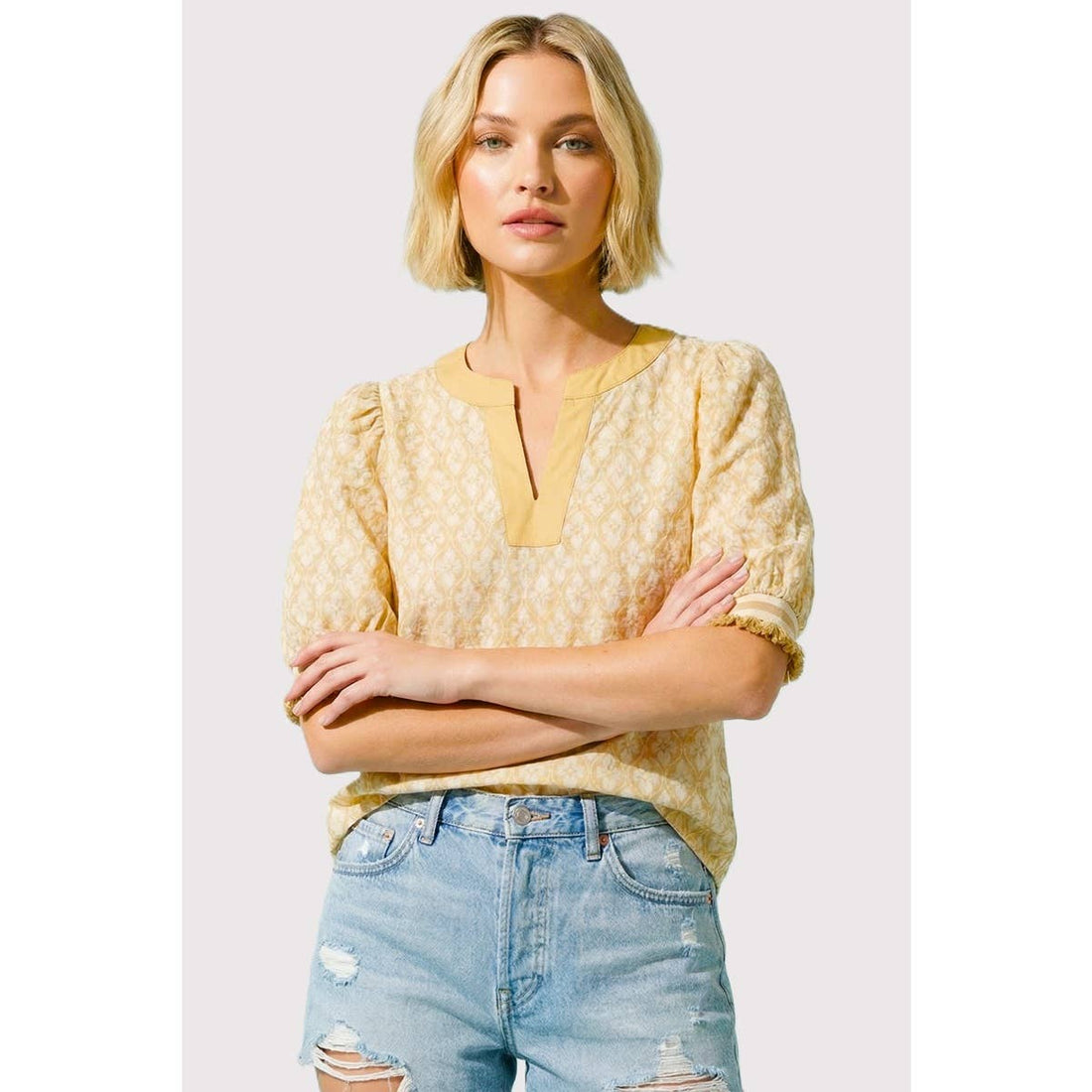 Yellow Lime Geo Floral Printed Top