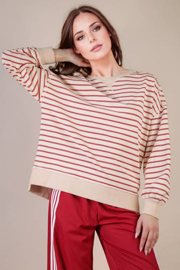 Beige/Brick - Oversized Striped Knit Top