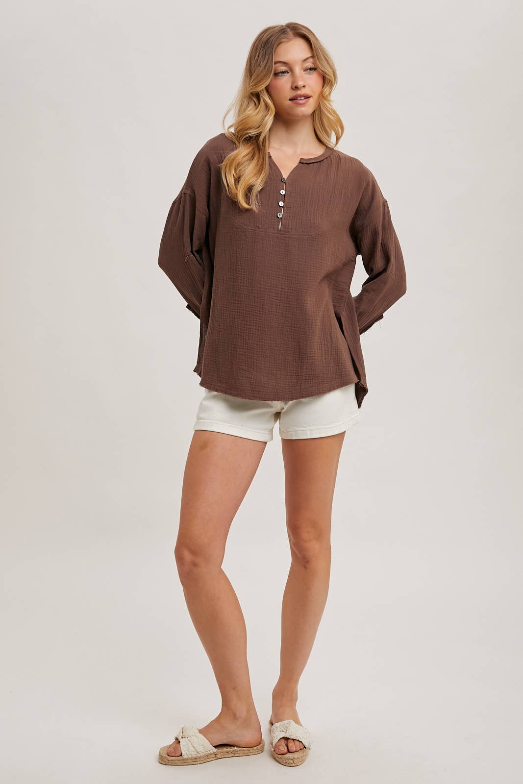 Mocha Cotton Linen Loose Fit Half Button Up