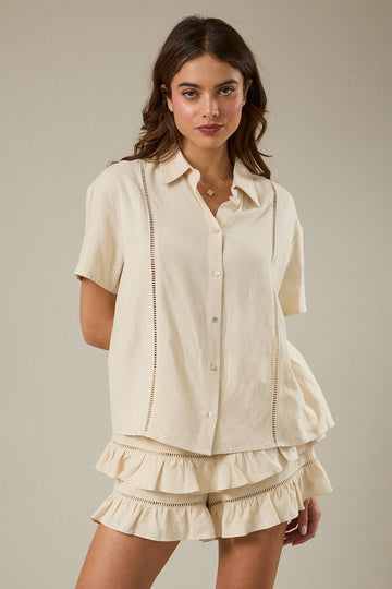 Cream - Oversize Shirt with Ladder Trim Inserted