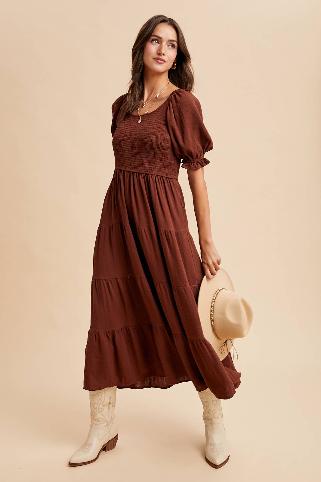 Chestnut Brown - Smocked Tiered Maxi Dress