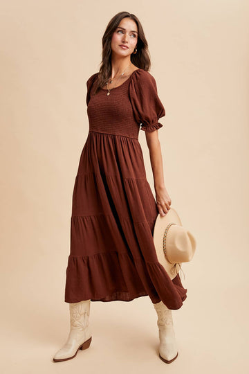 Chestnut Brown - Smocked Tiered Maxi Dress