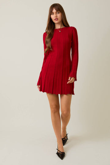 Dark Red Long Sleeve Ribbed Sweater Mini Dress