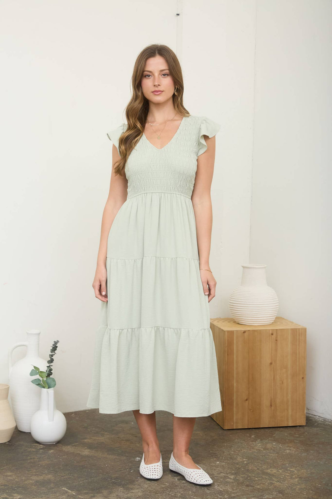 Light Olive Smocked Midi Dress