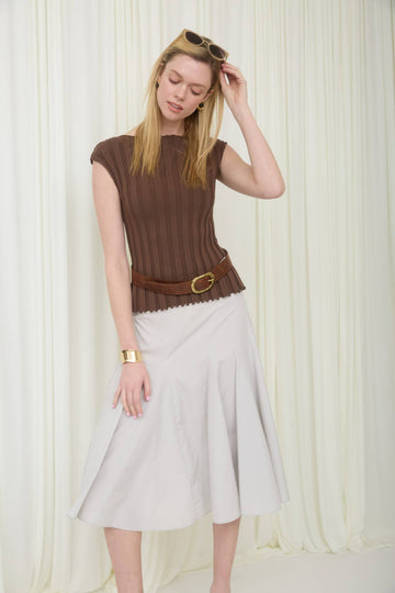 Brown - Boat Neck Ribbed Short Sleeve