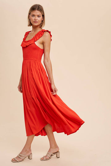 Chili - Smocked Ruffled Square Neck Midi Dress