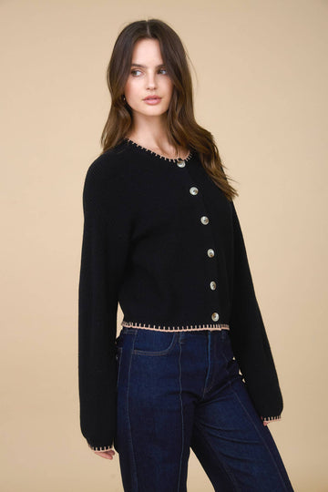 Contrast Stitch Trim Button Cardigan