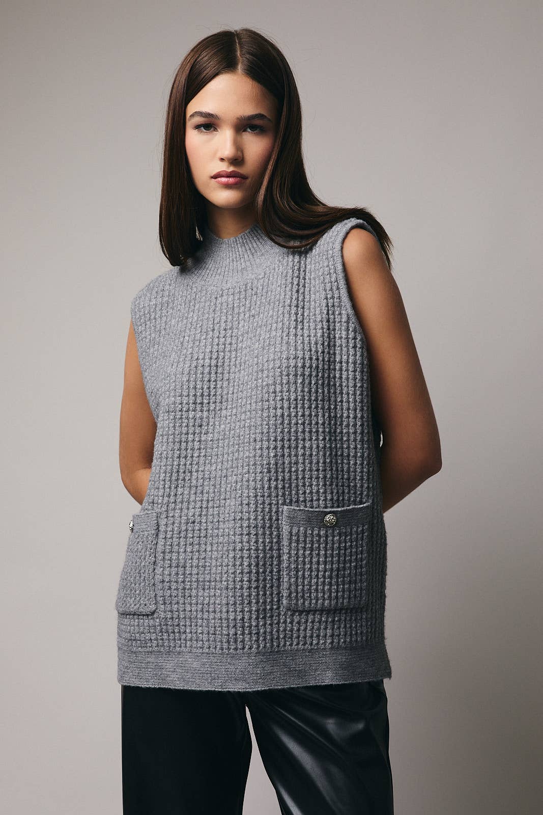 Grey - Mock Neck Sleeveless Oversized Vest