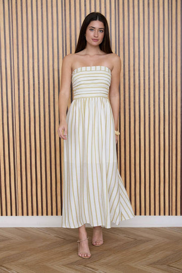 Olive Stripe Pleated Strapless Linen Midi Dress