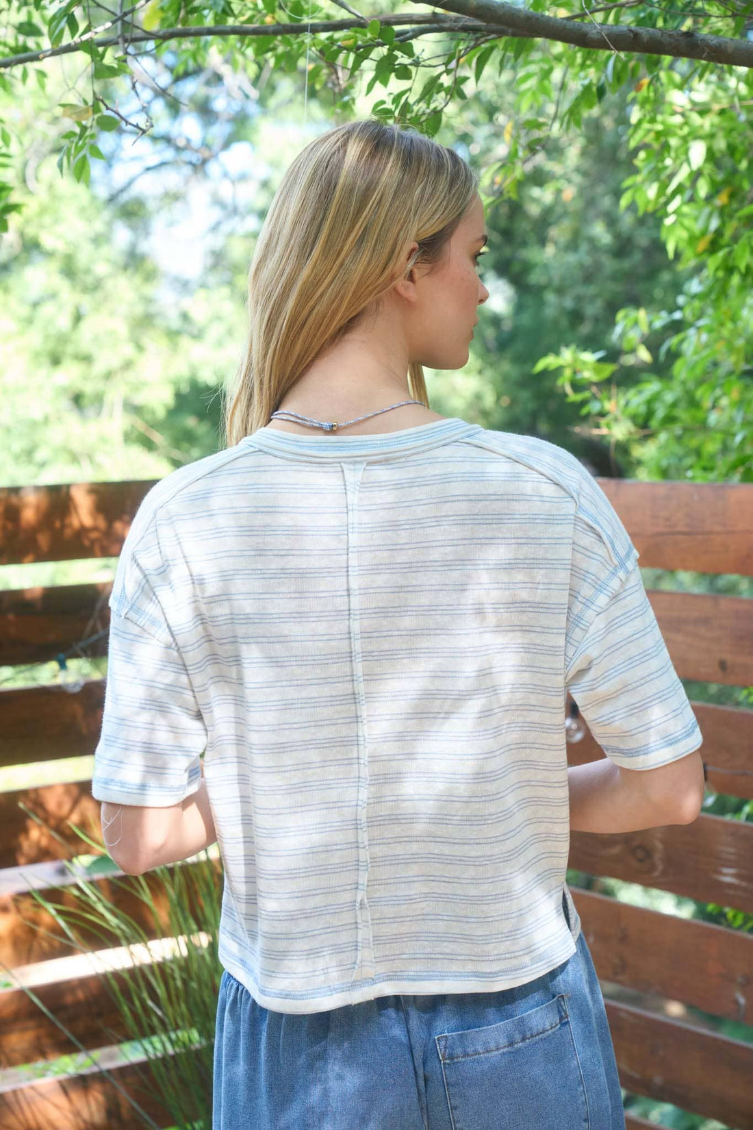Striped Exposed Henley Boxy Knit Top
