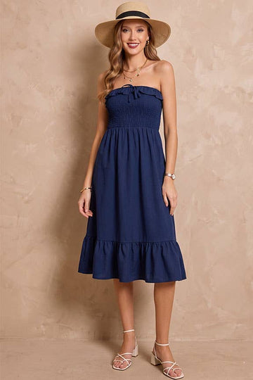 Navy - Strapless Smocked Midi Dress