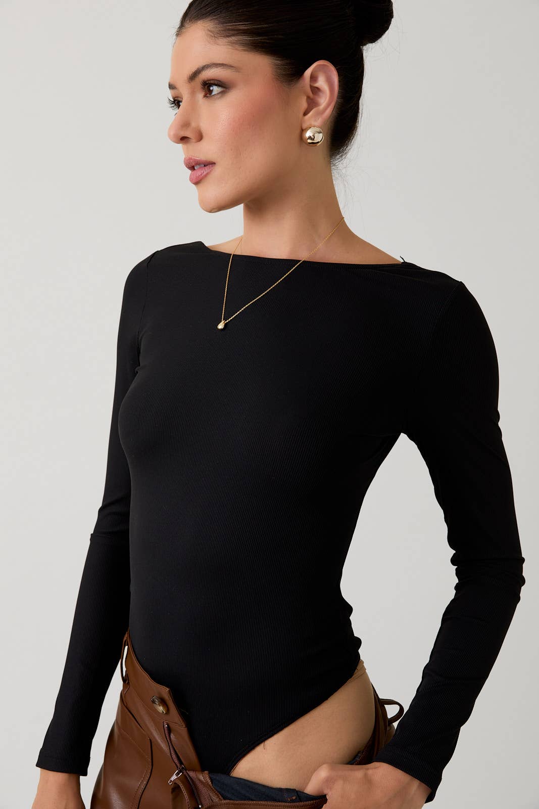 Black Boat Neck Long Sleeve Body Suit