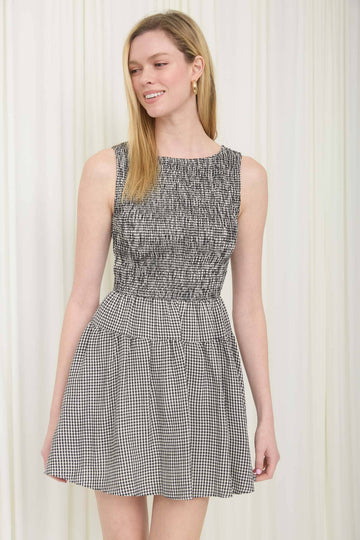 Black - Gingham Sleeveless Smocked Mini Dress