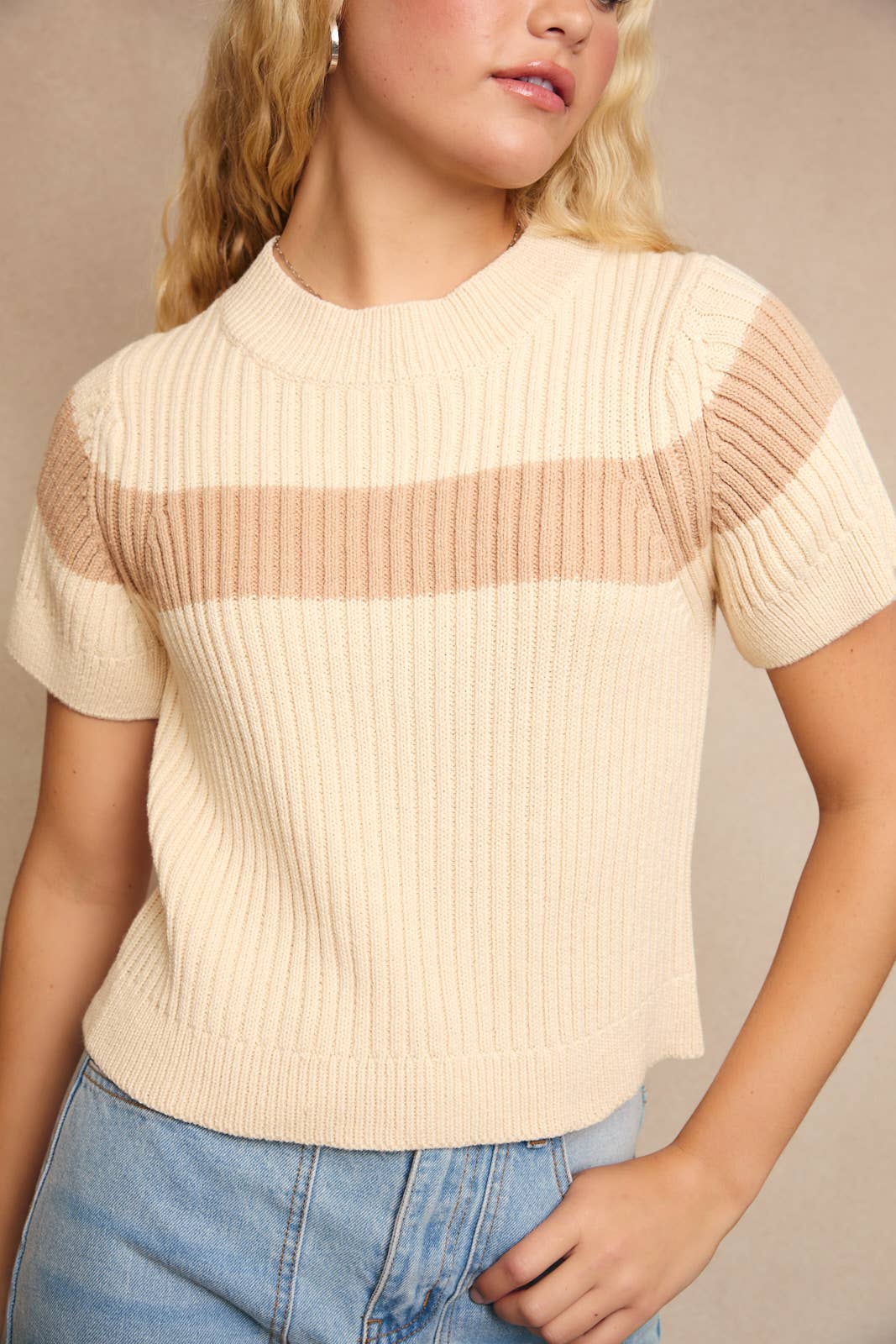 Ivory Taupe Ribbed Sweater Top for Women
