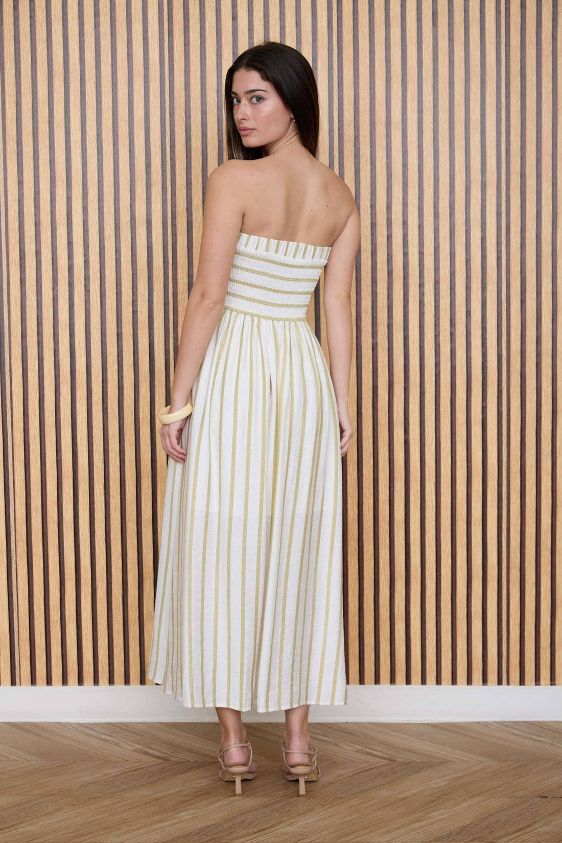 Olive Stripe Pleated Strapless Linen Midi Dress