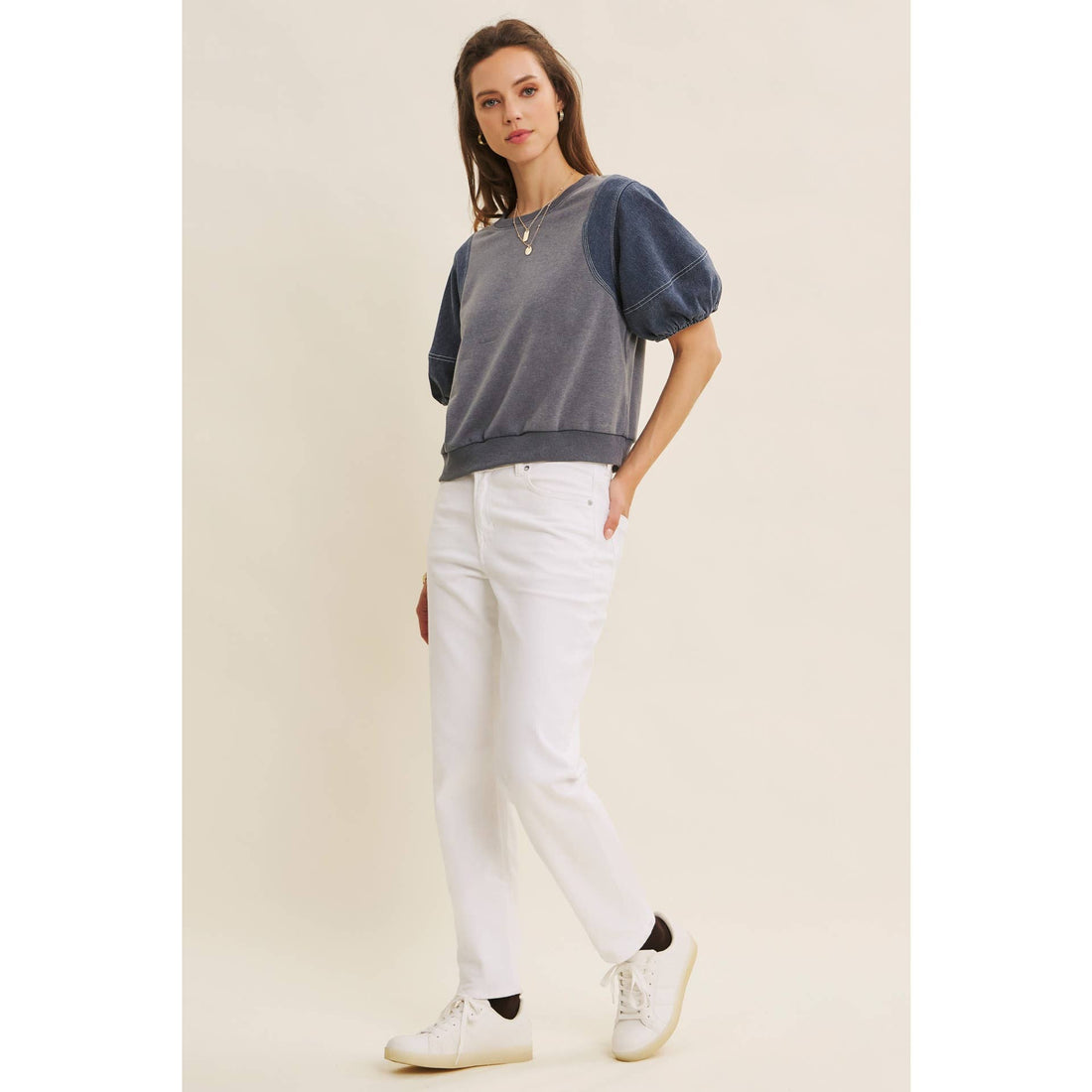Mineral Washed Denim Mix Top