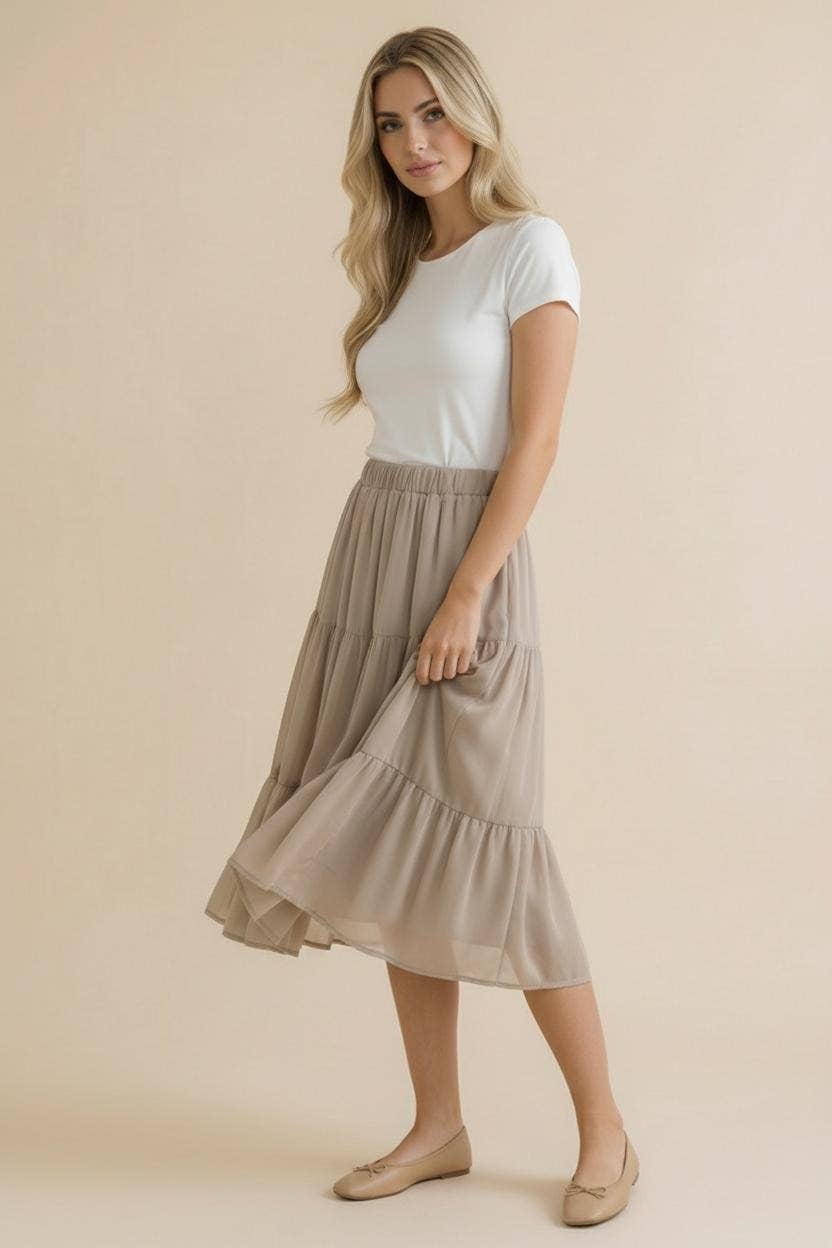 Elastic Waist Tiered Midi Skirt with Lining