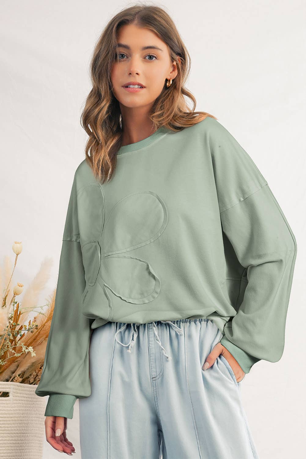 Sage - Drop Shoulder Flower Patch Loose Top