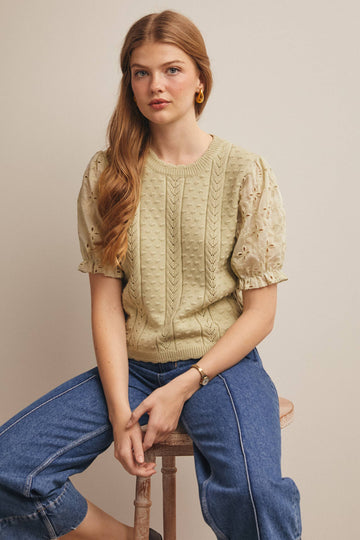 Light Sage Lace Puff Sleeve Knit Top