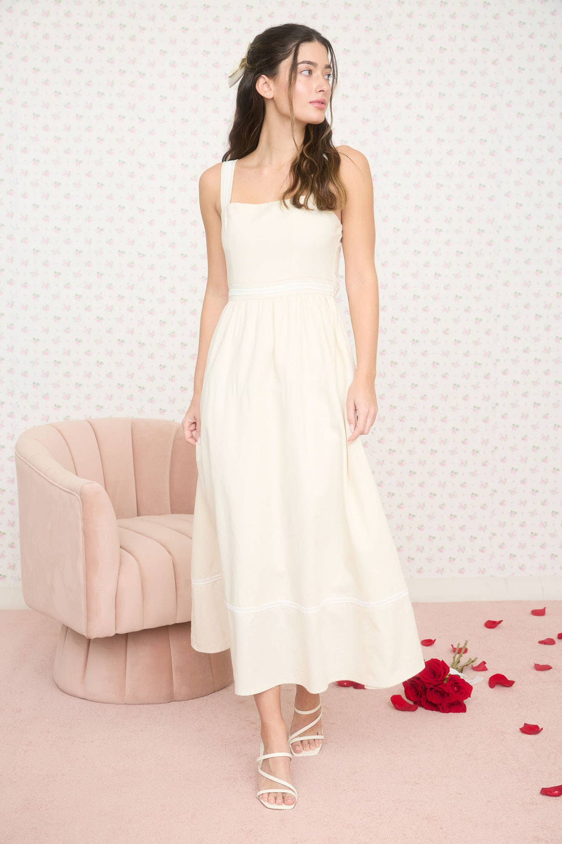 Ivory Line Lace Trim Midi Dress