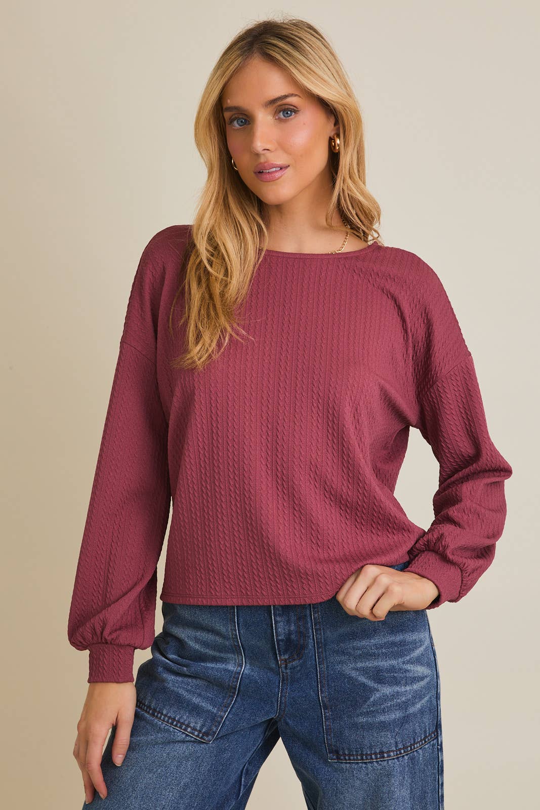 Mauve - Long Sleeve Ruching Cable Top