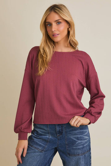 Mauve - Long Sleeve Ruching Cable Top