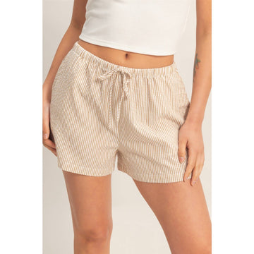 Taupe - Striped Drawstring Waist Shorts