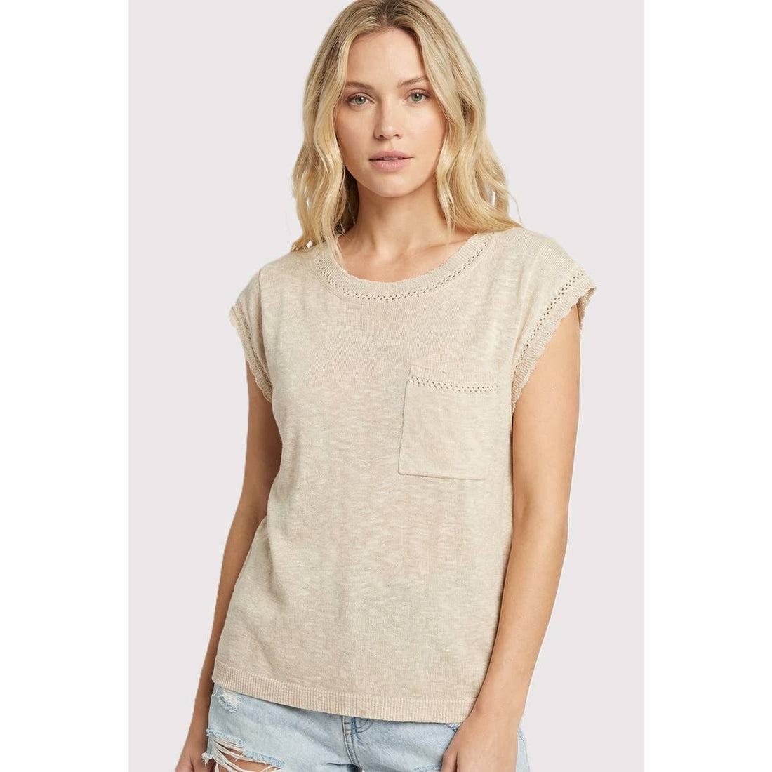 Short Sleeve Pointelle Chest Pocket Top