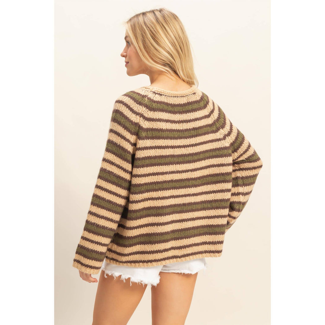 Taupe Combo - Kangaroo Pocket Detail Striped Pullover