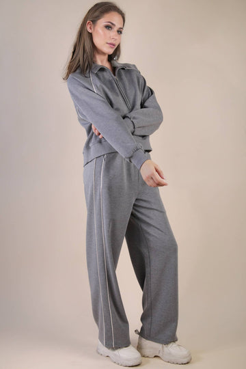 Charcoal Half Zip Up Casual Top & Wide Leg Sweatpant Set
