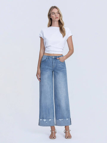 High Rise Medium Wash Cuffed Wide Jeans