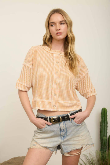 Light Peach - Waffle Knit Button Down Short Sleeve
