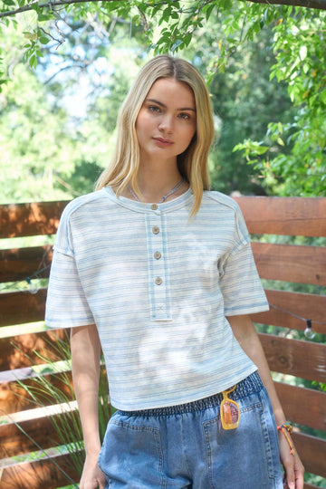 Striped Exposed Henley Boxy Knit Top