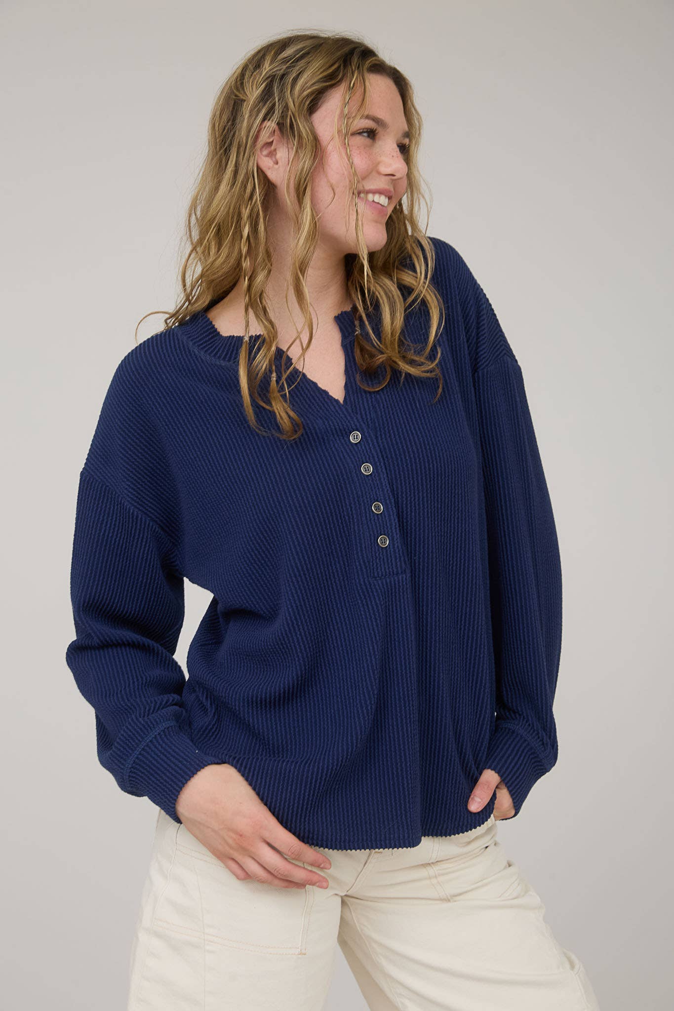 Washed Ribbed Long Sleeve Knit Top - NAVY