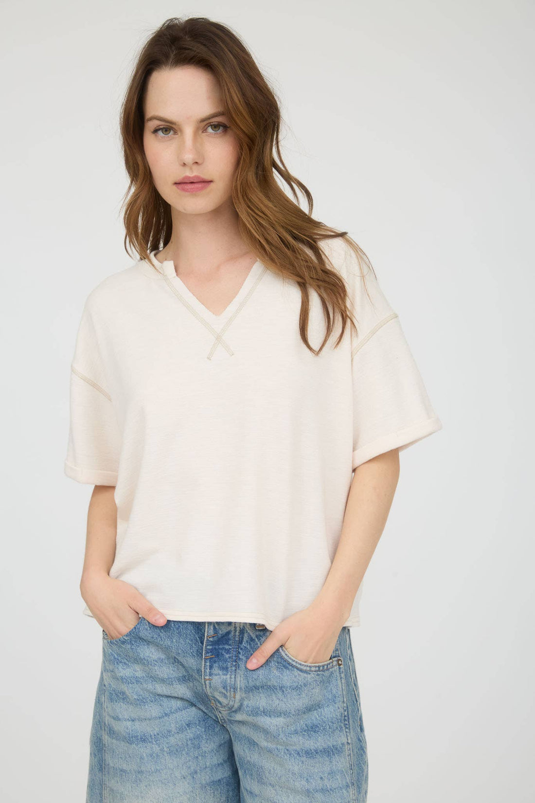 Cream Stitched Drop Shoulder Knit Top