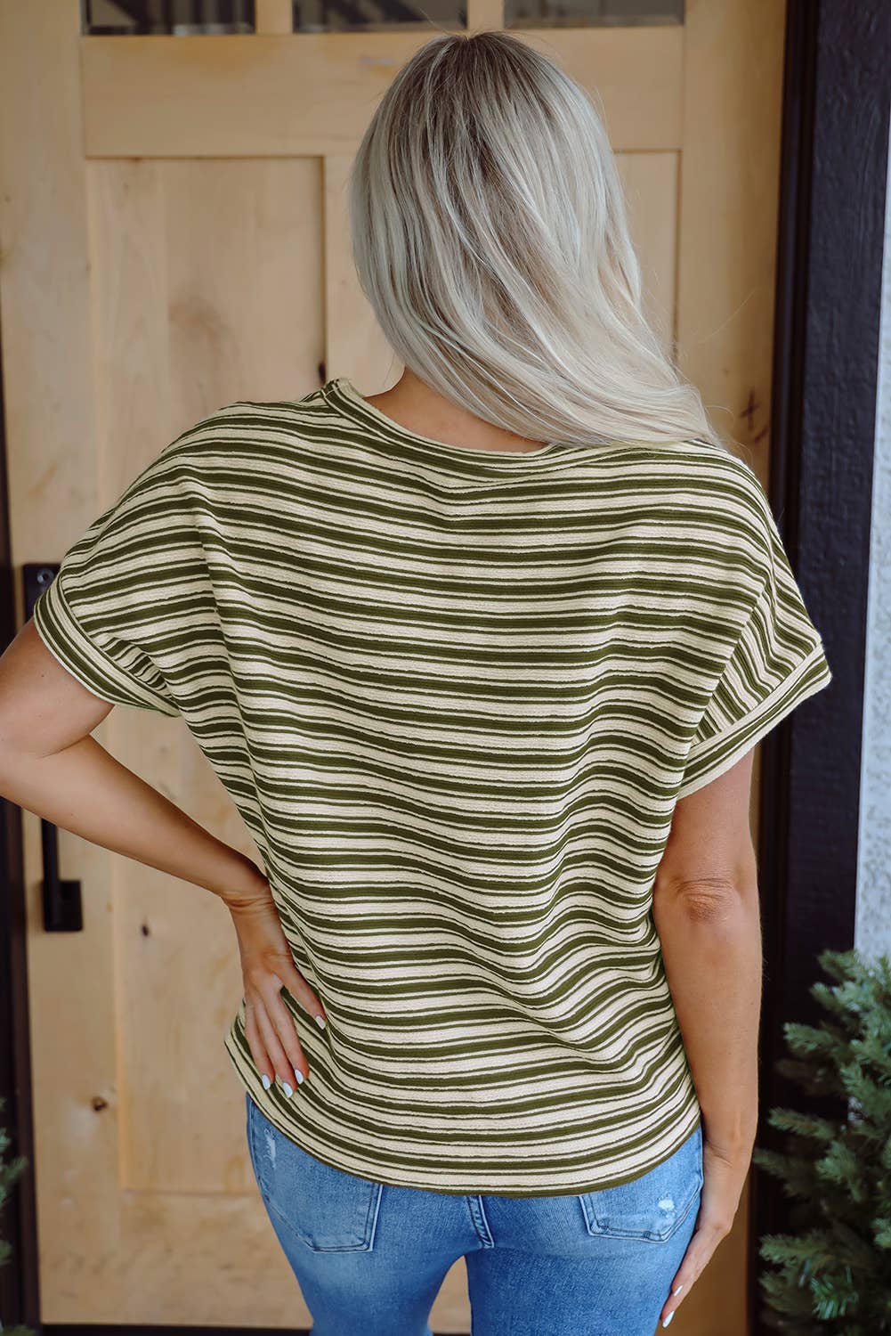 Green Striped Textured Crew Neck Top