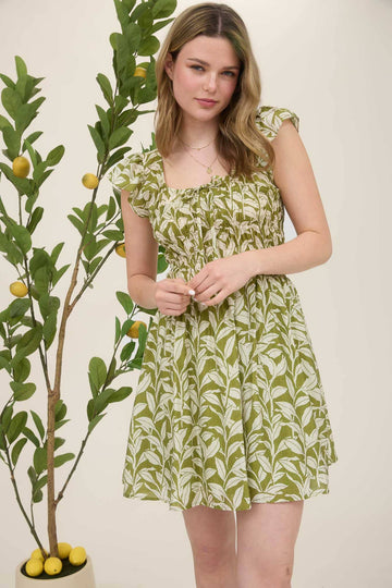 Leaf Print Smocked Bodice Mini Dress