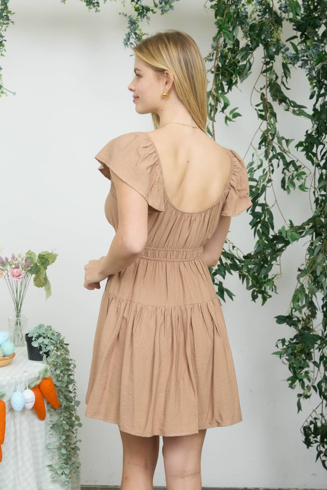 Tan - Shirred Flounce Sleeve Mini Dress