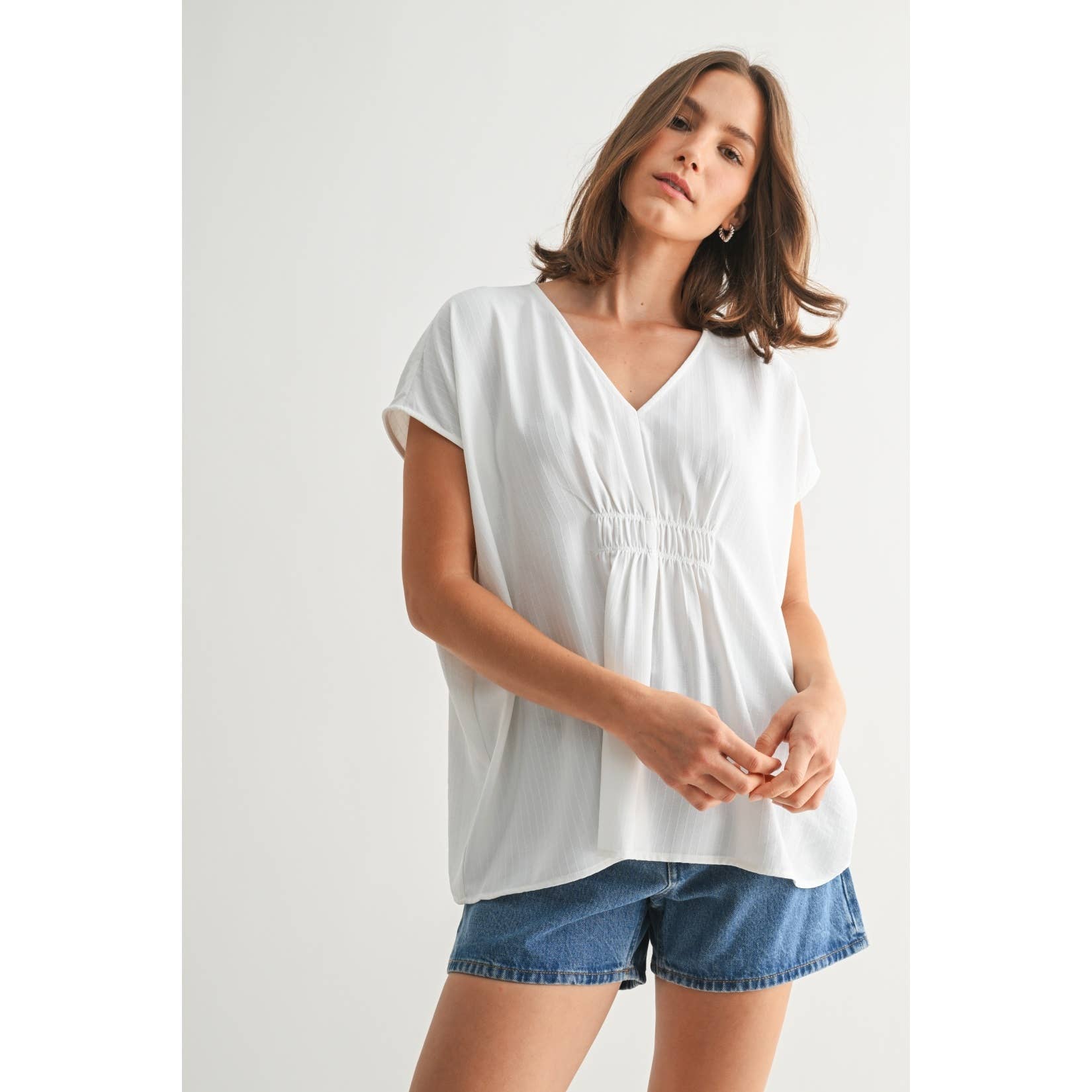 Striped Texture V Neck Woven Top