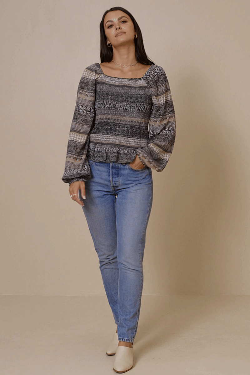 Mixed Print Smocked Square Neck Top