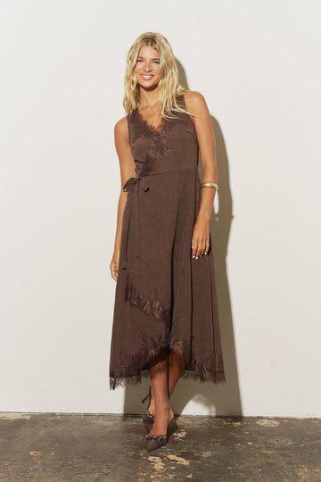 Lace Trim V Neck Tie Waist Surplice Midi Dress