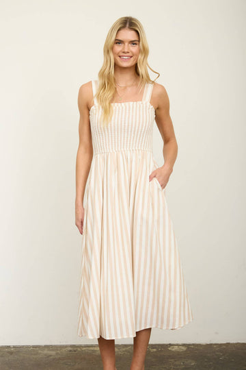 Khaki - Nautical Striped Smocked Maxi Dress