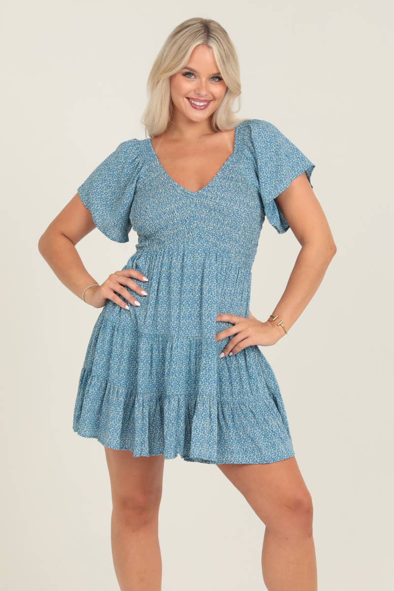 Blue Floral Smocked Bodice Dress